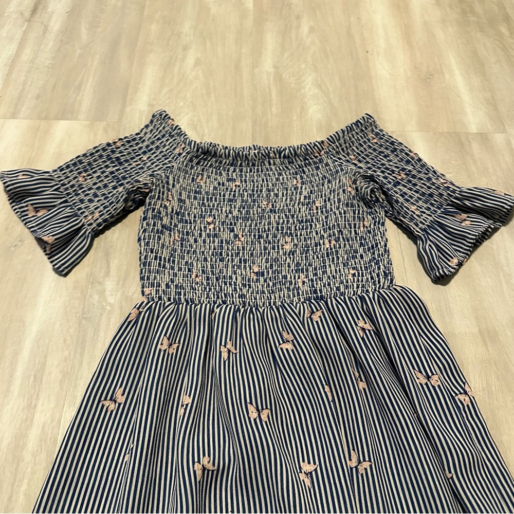 Lots of Love Blue Floral Striped Smocked Stretch Dress Sz S - Picture 5 of 7